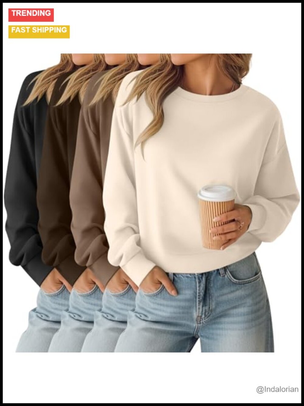 Womens Cropped Long Sleeve Sweatshirts Crew Neck Relaxed Fit 4 Pack
